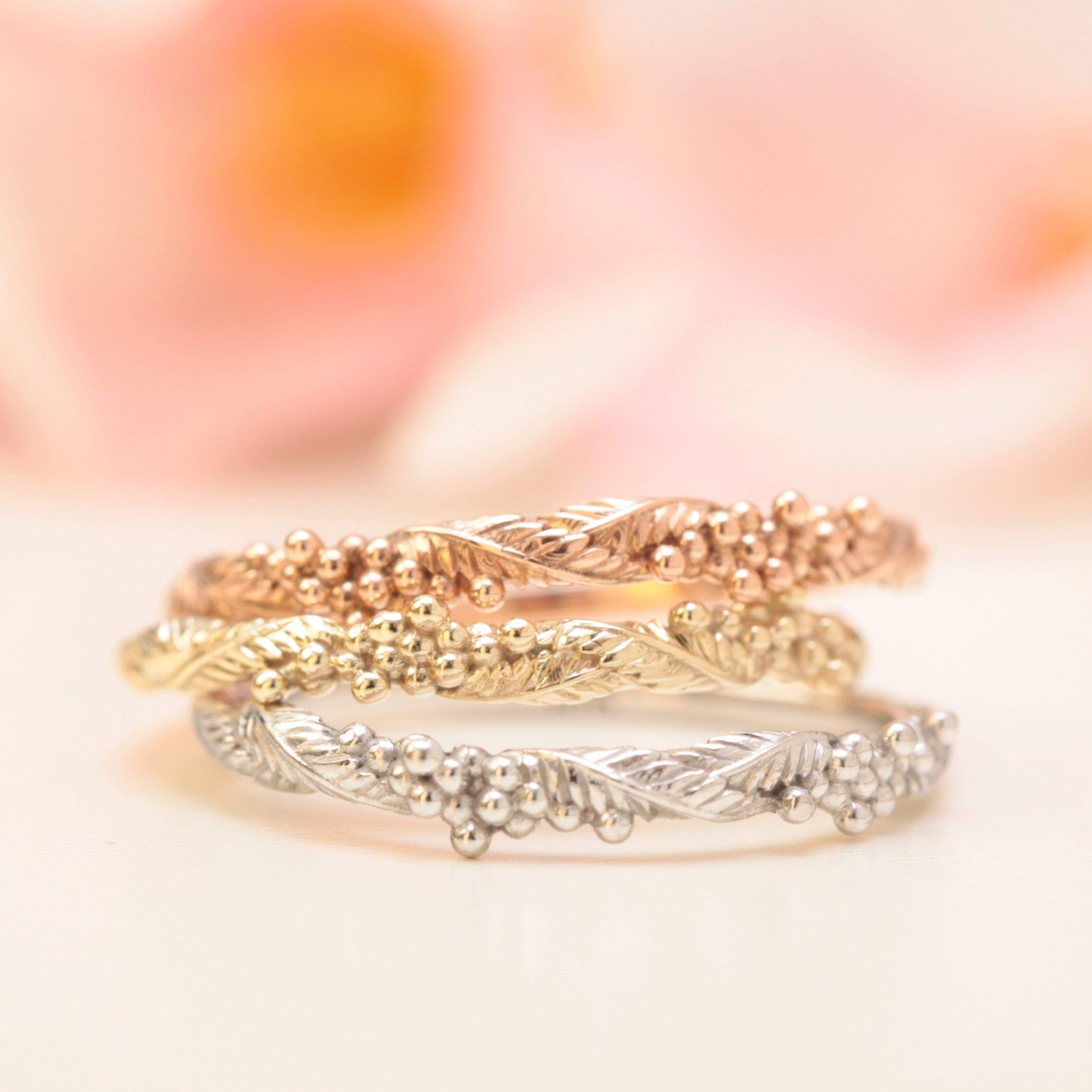 wattle flower leaf wedding rings