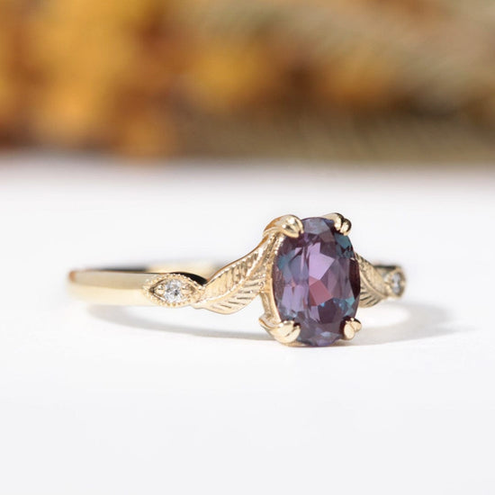oval alexandrite and lab diamond engagement leaf ring
