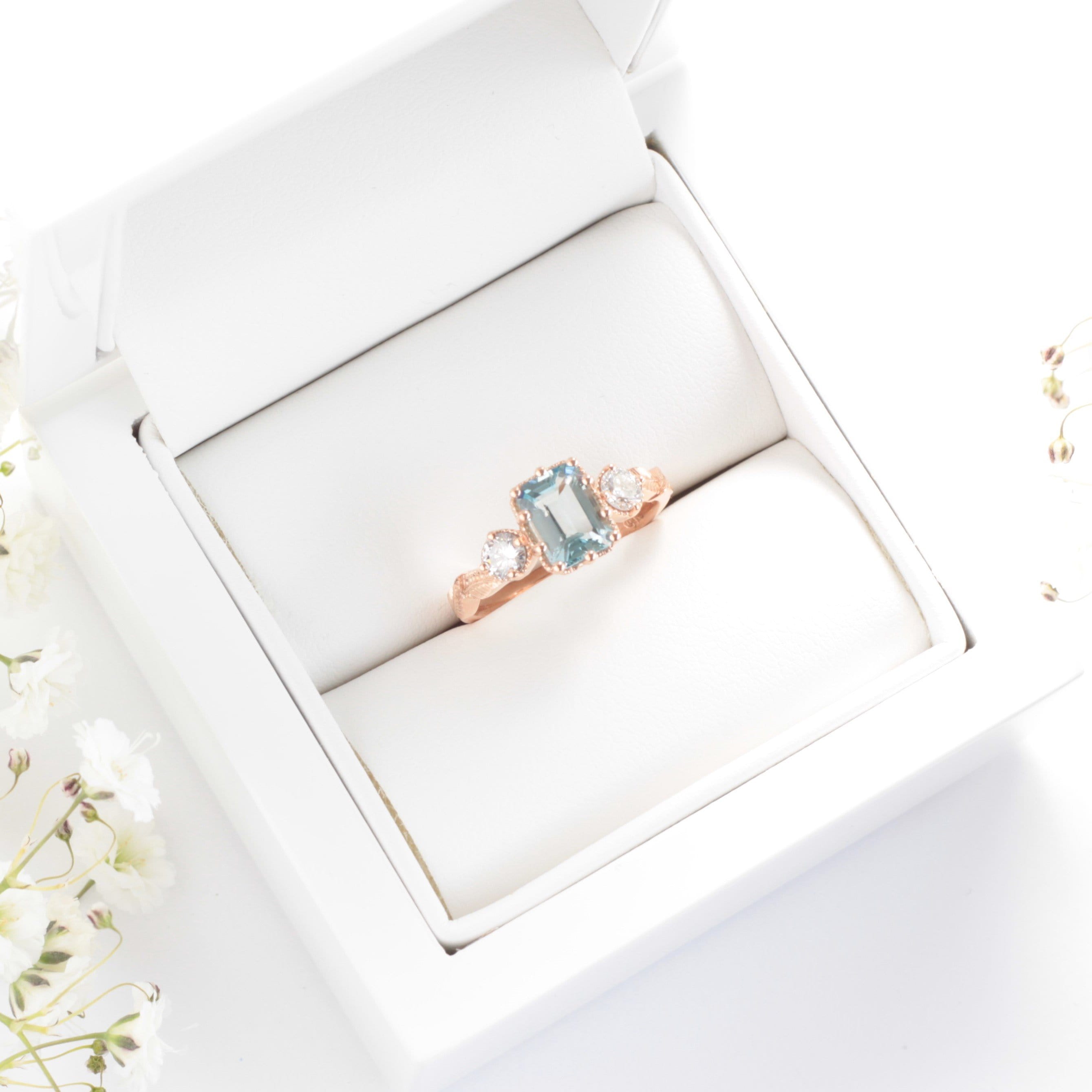 Emerald-cut Aquamarine Leaf Engagement Ring - Vinny & Charles