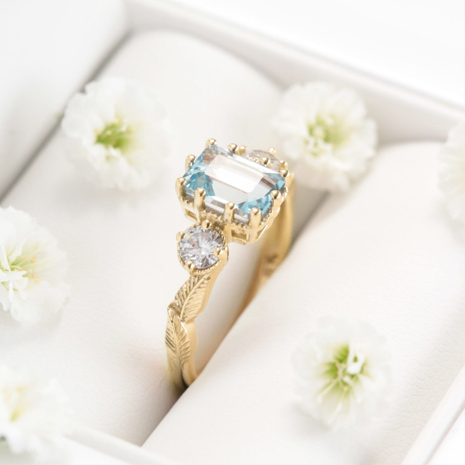 Emerald-cut Aquamarine Leaf Engagement Ring - Vinny & Charles