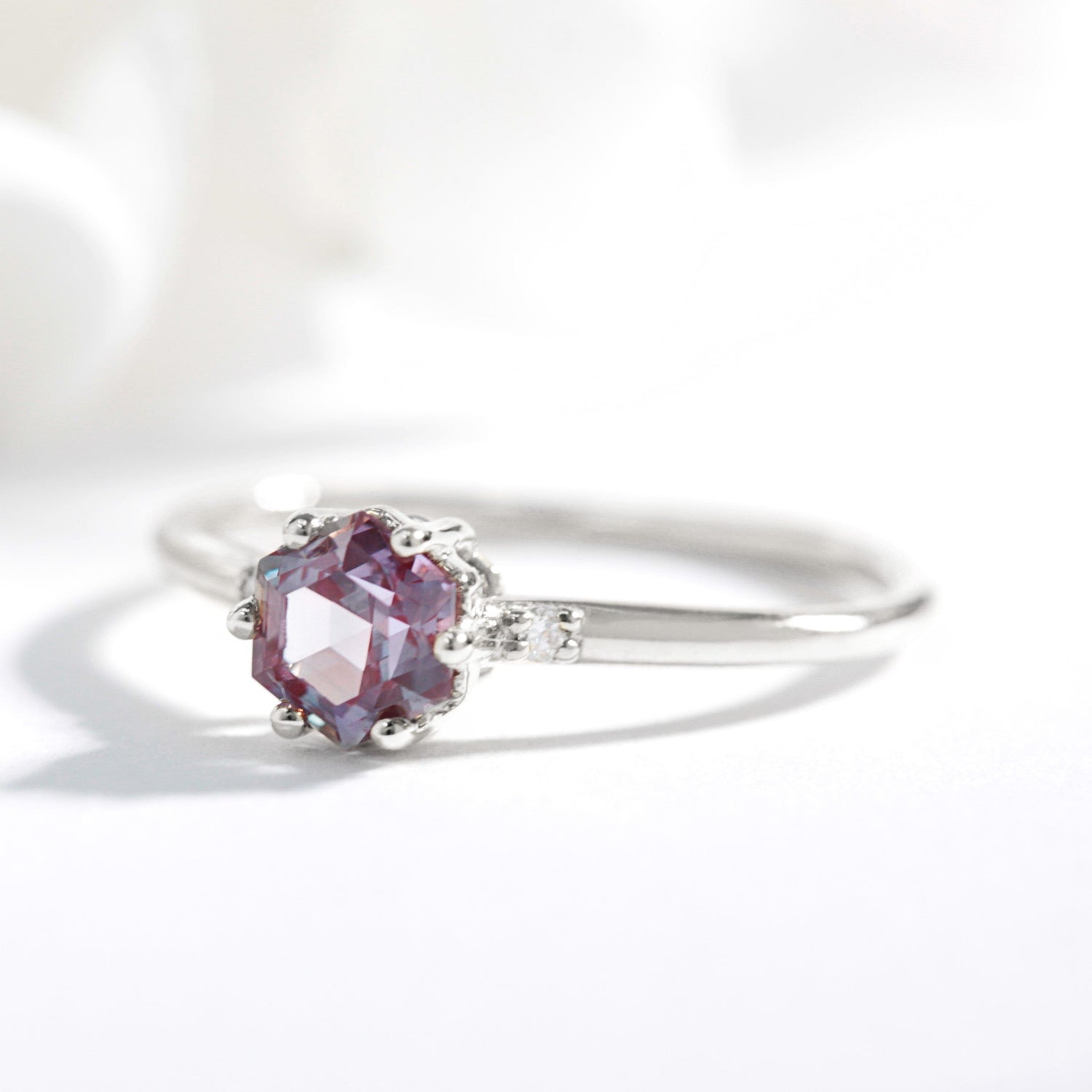 Hexagon Alexandrite and diamond engagement ring - Vinny & Charles