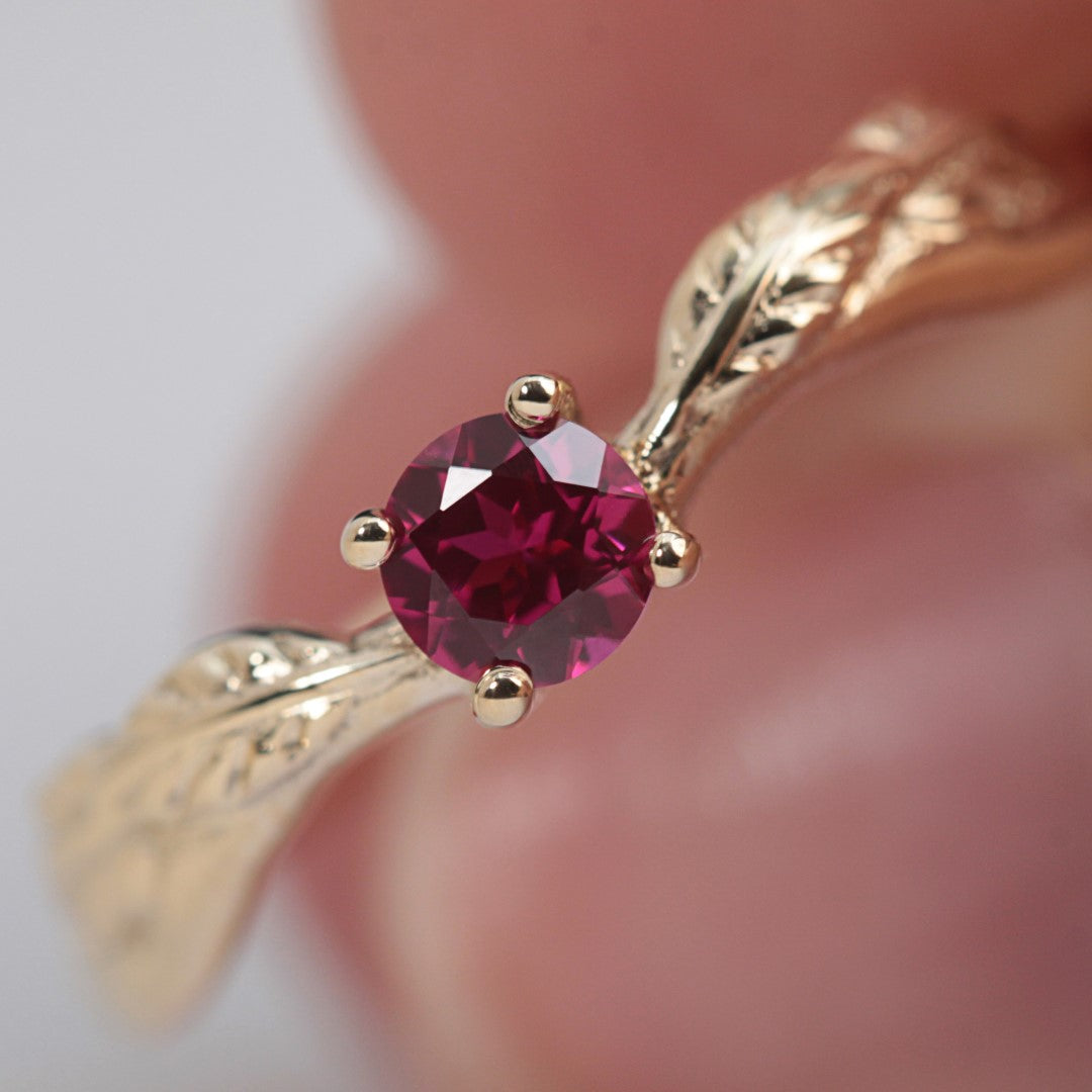 ember ruby leaf engagement ring yellow gold