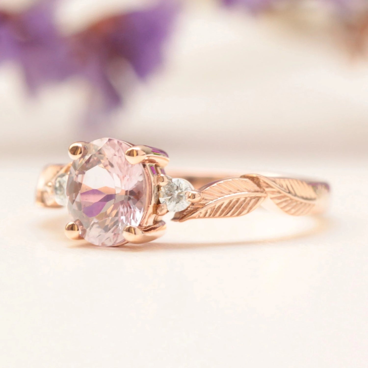 pink sapphire diamond leaf engagement ring rose gold