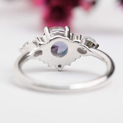 Alexandrite and lab diamond cluster engagement ring white gold 