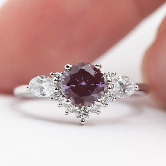 Alexandrite and lab diamond cluster engagement ring white gold 