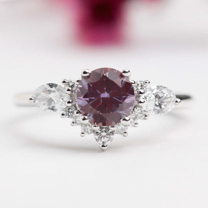 Alexandrite and lab diamond cluster engagement ring white gold 