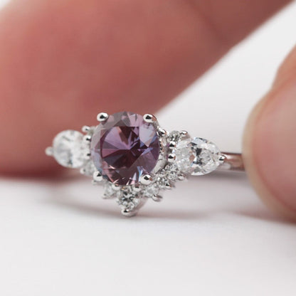 Alexandrite and lab diamond cluster engagement ring white gold 