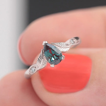 pear alexandrite leaf engagement ring