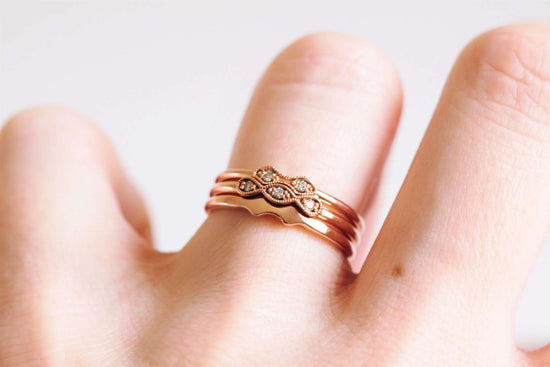 antique gold diamond milgrain wedding ring set