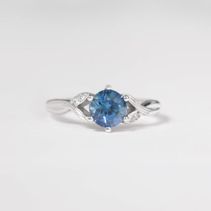 blue sapphire twig engagement ring with diamonds white gold