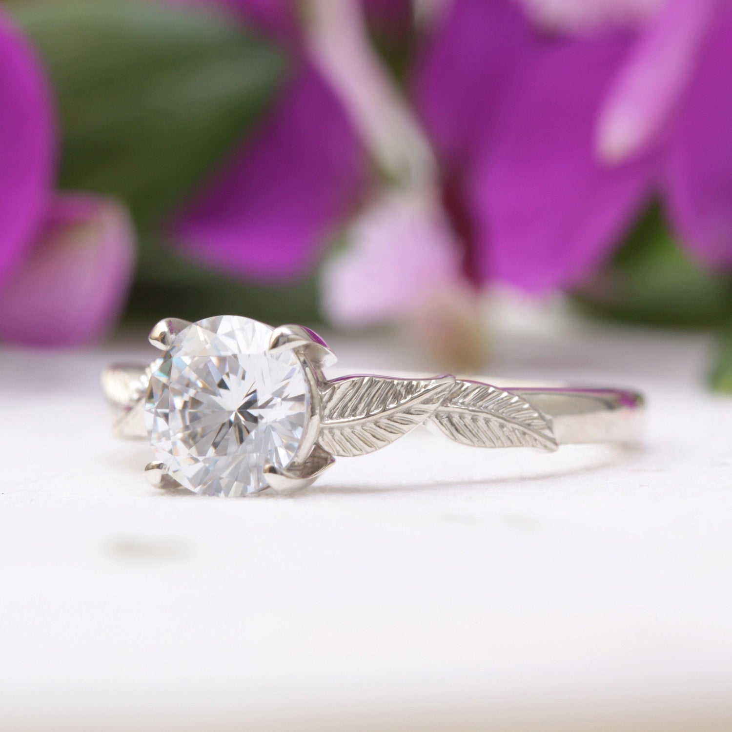 One Carat Solitaire Leaf Ring