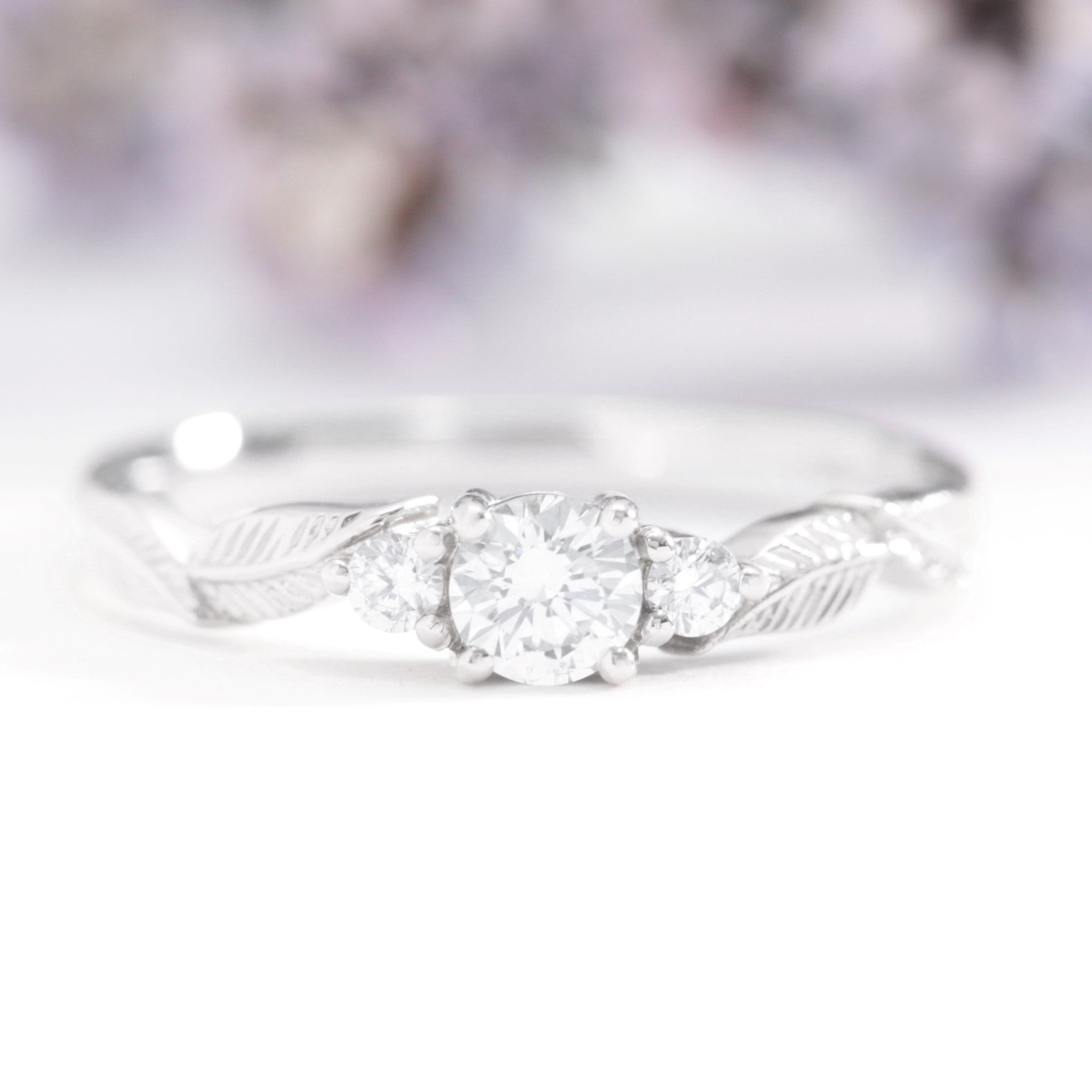 three diamond leaf engagement ring white gold