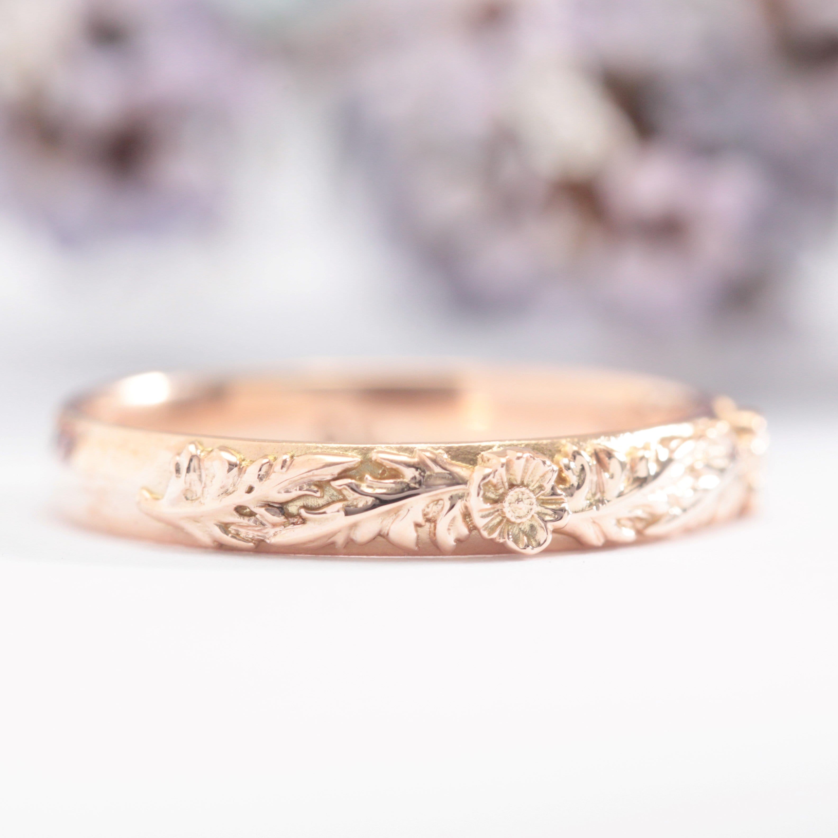 Duo Poppy Flower Leaf Wedding Band - Vinny &amp; Charles