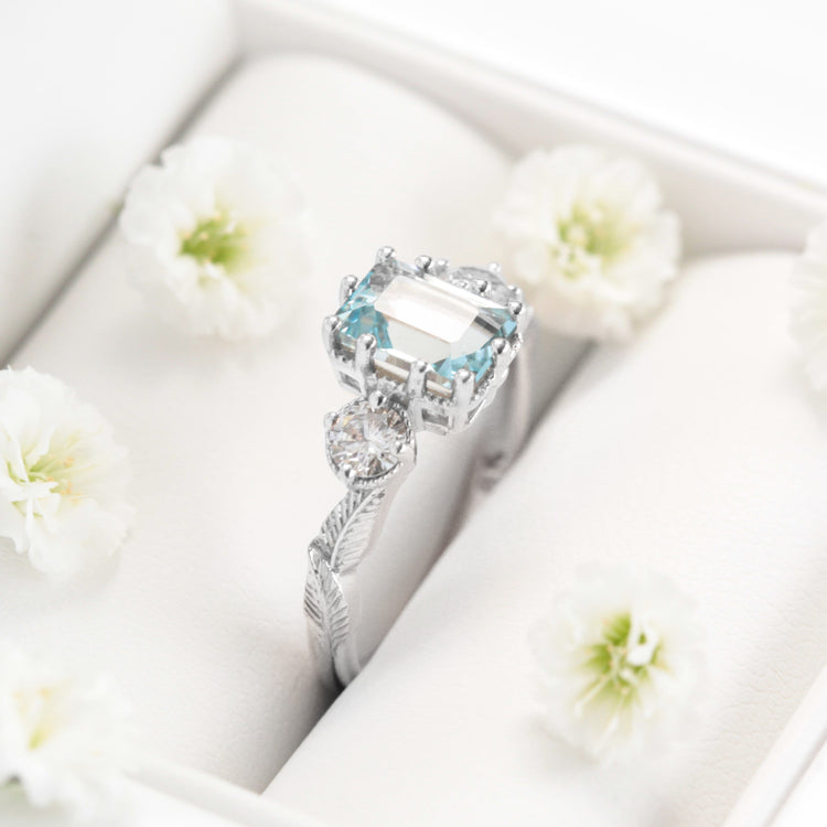 Emerald-cut Aquamarine Leaf Engagement Ring - Vinny & Charles