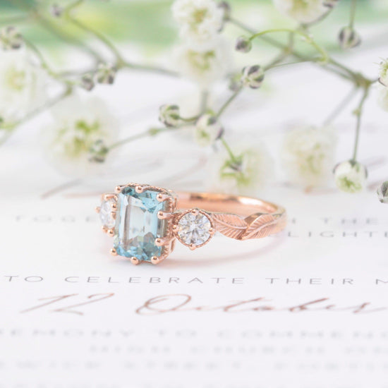 Emerald-cut Aquamarine Leaf Engagement Ring - Vinny & Charles