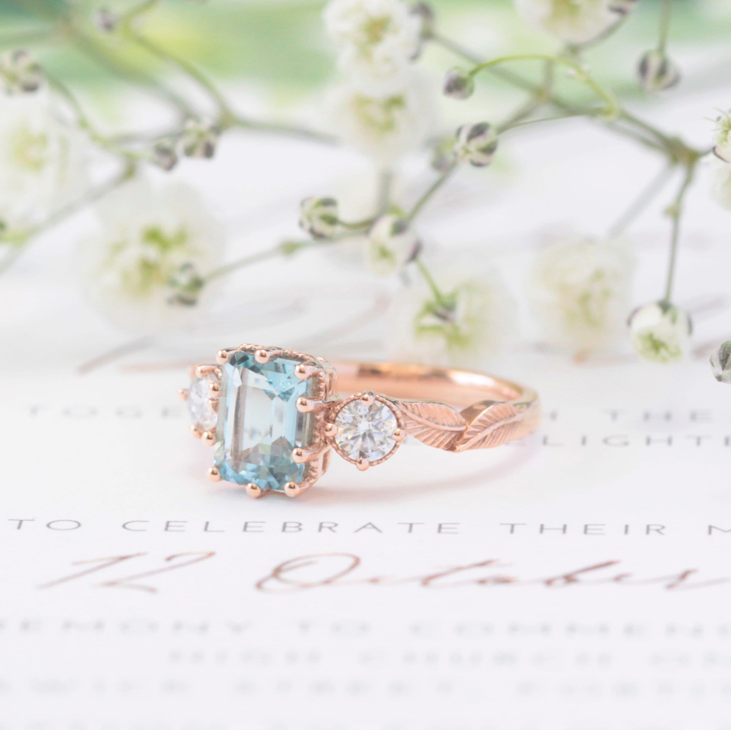 Emerald-cut Aquamarine Leaf Engagement Ring - Vinny &amp; Charles