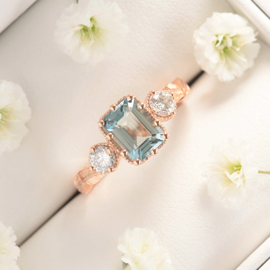 Emerald-cut Aquamarine Leaf Engagement Ring - Vinny & Charles