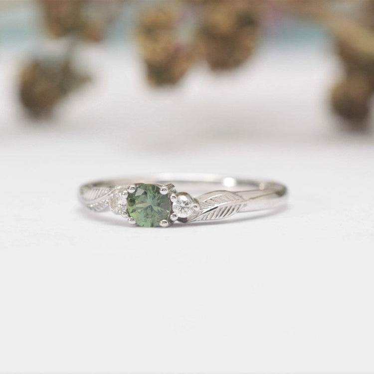 Green Sapphire and Diamond Leaf Engagement Ring - Vinny & Charles